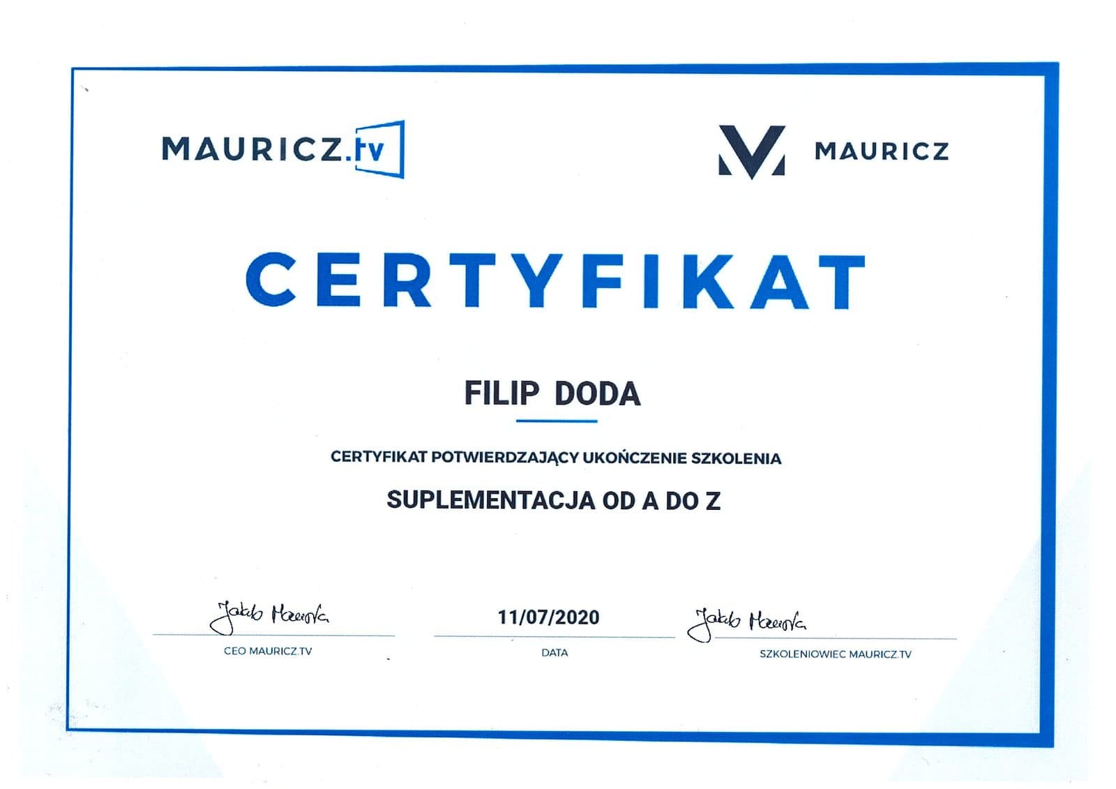 Certyfikat - Suplementacja od A do Z
