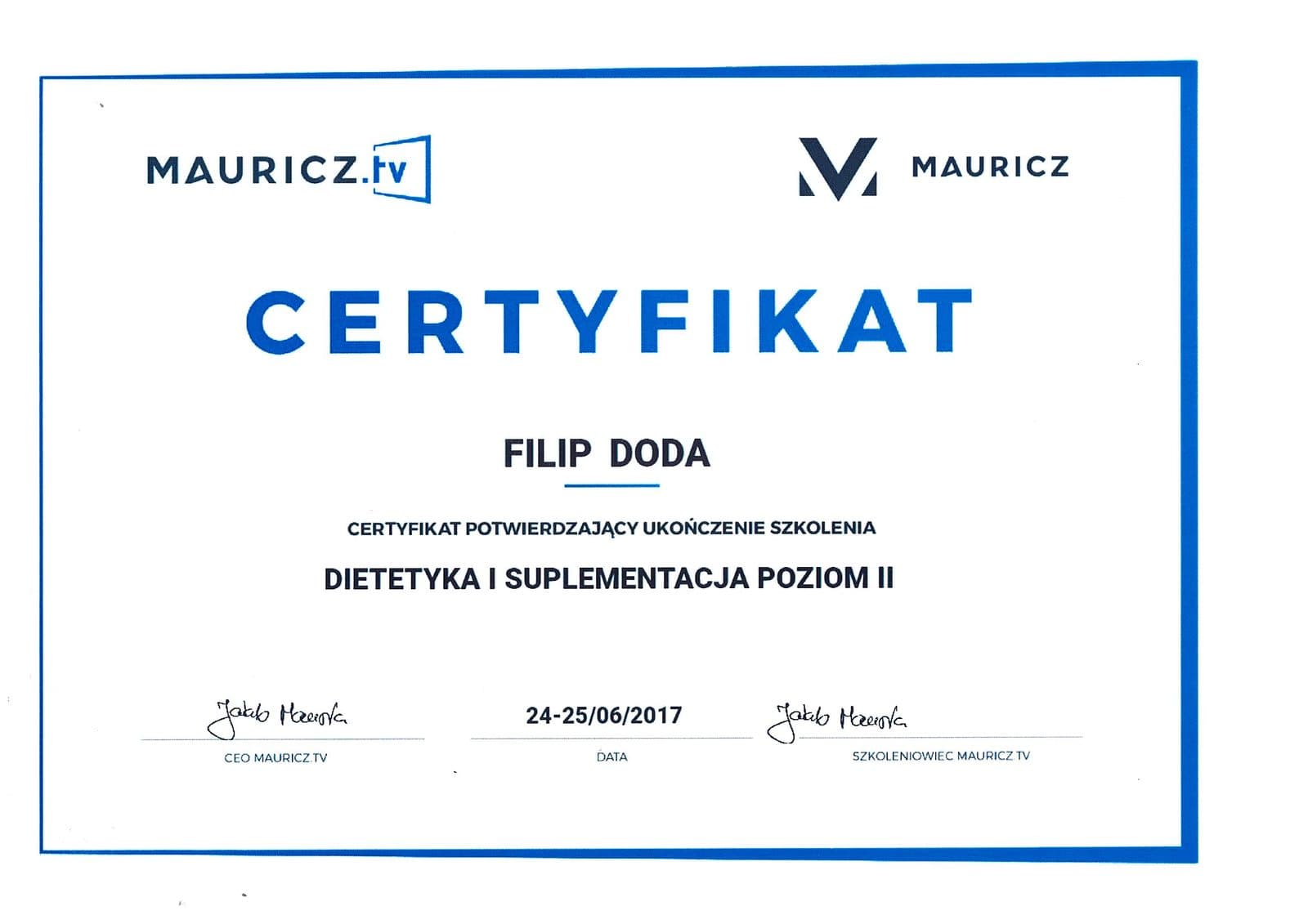 Certyfikat - Dietetyka i suplementacja, poziom II