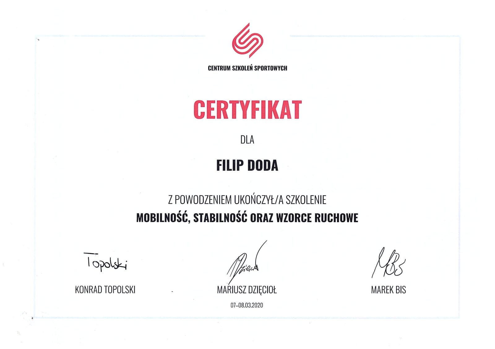 Certyfikat - Mobilność, stabilność i wzorce ruchowe